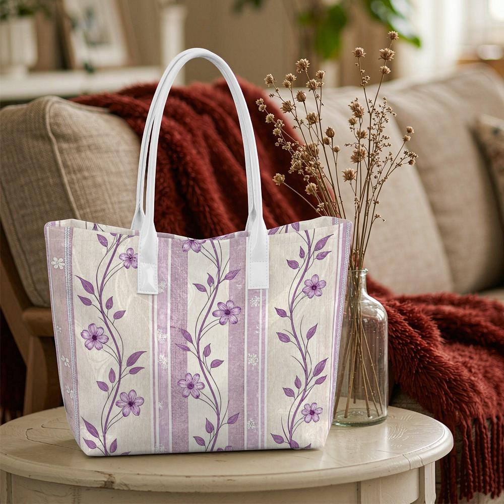 Purple Floral Print Shoulder Tote Lightweight Casual Daily Carry Bag for Women