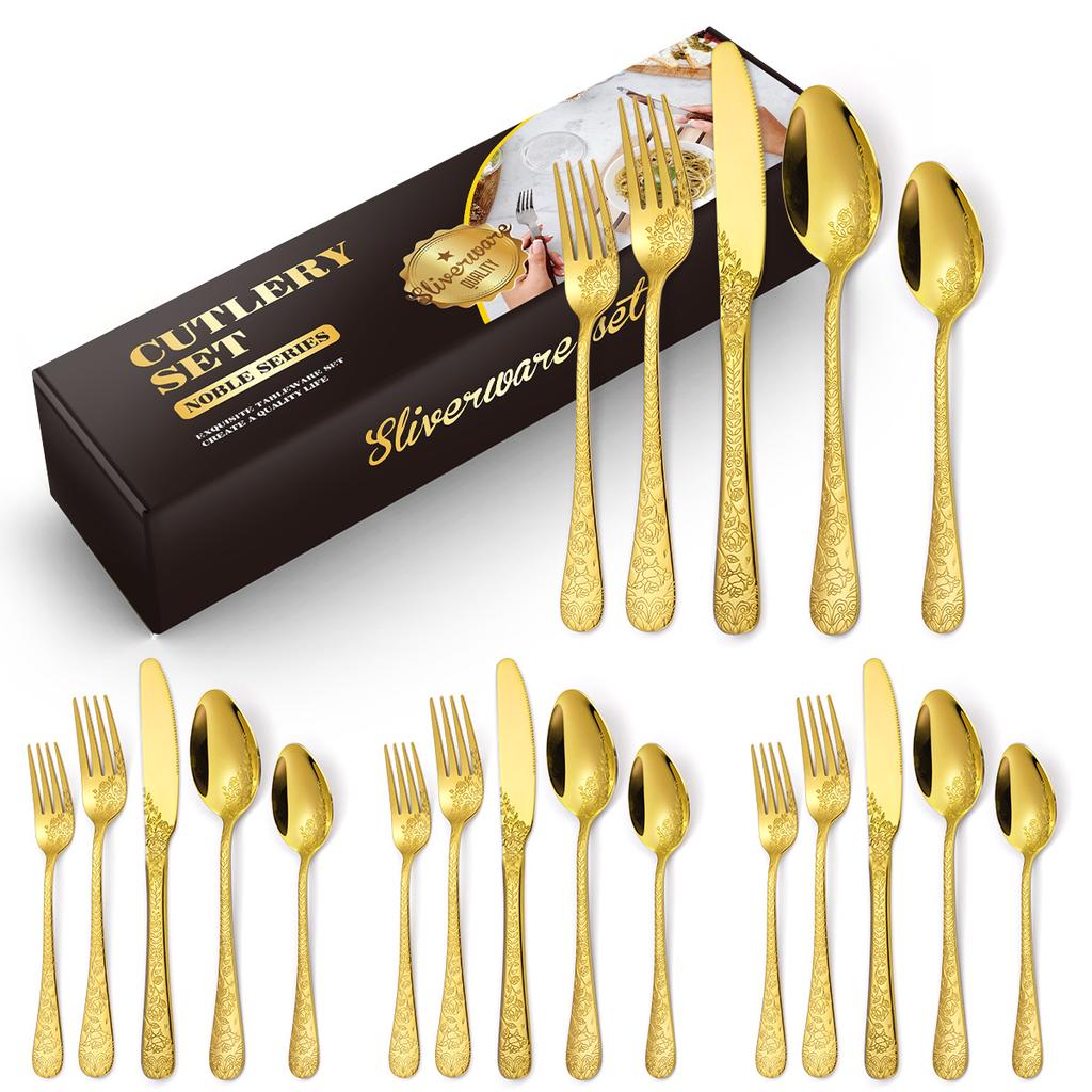 Chinese Patterned Stainless Steel Tableware Set for Household Knives  Forks  Spoons  Black 20/40 Piece Set