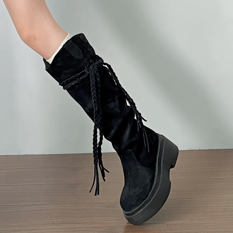 Winter Platform Tassel Women Western Cowboy Elegant Slip on Thick Sole Knight Long Botas De Mujer for Adult Women