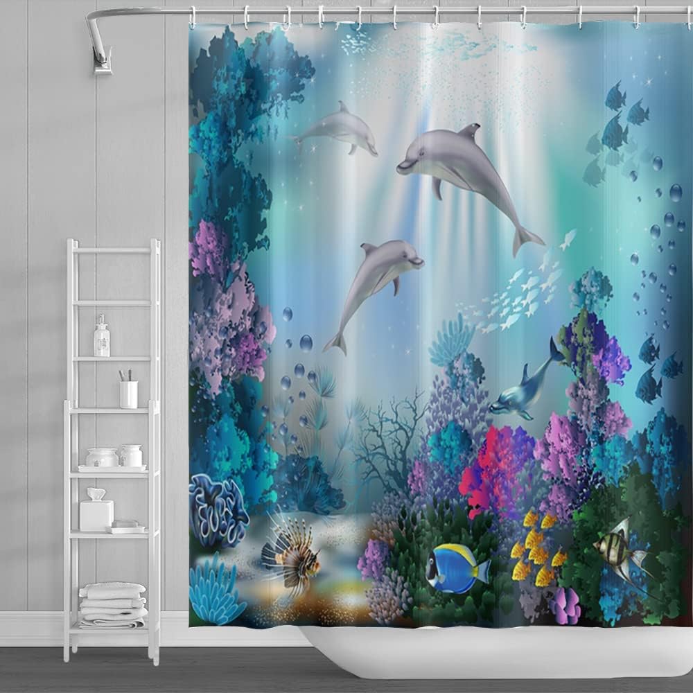 Marine Animal Tropical Fish Seahorse Shower Curtain Blue Ocean Children'S Bathtub Shower Curtain Polyester Fabric With Hook