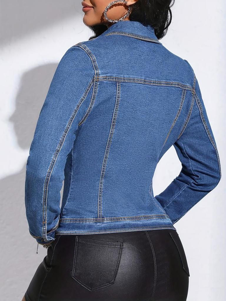 Giacca di jeans elegante da donna, stile europeo e americano, con elastico e design a tinta unita opaca, modello 2026.