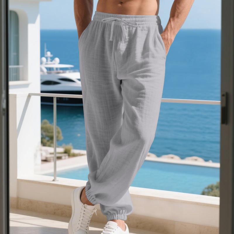 Four Seasons New Linen Men's Pants at Home Casual Simple Loose Wide-leg Ties Trousers