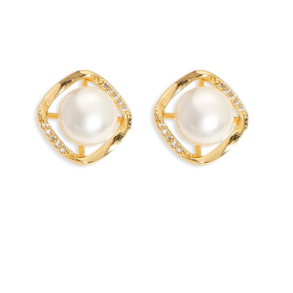 LNCHRAN Gold Rhombus Frame Faux Pearl & Zirconia Stud Earrings