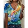 Fashionable Youth Women's Holiday V-Neck Tie-Dye Pattern Printed T-Shirt, Casual Short Sleeve Summer Loose Top