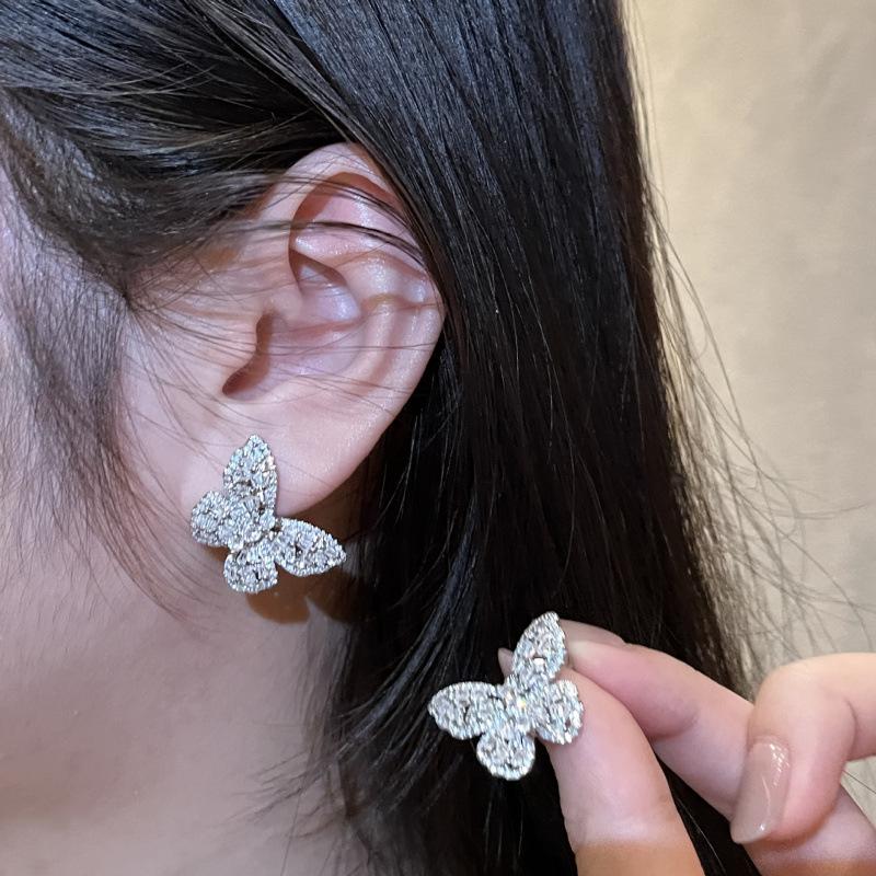 Exquisite Butterfly Stud Earrings & Open Double Butterfly Ring: Versatile, Fashionable Design for Women