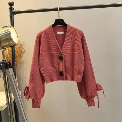 Women Autumn and Winter High-End Short Knitted Cardigan V-Neck Lantern Sleeve Sweater Coat Ladies Tops