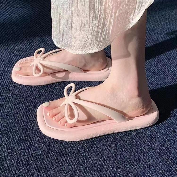 Flip-flops girl wearing slippers in fairy style bow flip-flops soft bottom solid color beach light pinch slippers