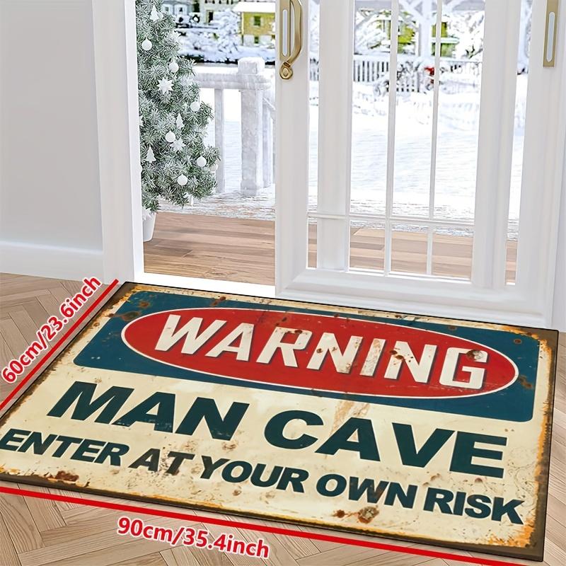 Rustic "Man Cave" Warning Sign Doormat, Yellow Industrial Style Mat, Non-Slip Washable Polyester for Indoor Outdoor Decor