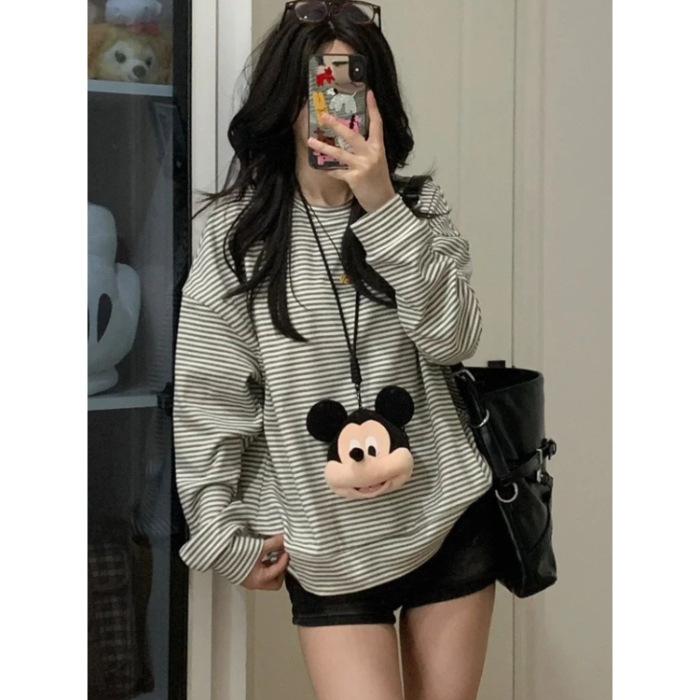 American retro striped autumn Korean atmosphere loose striped cardigan hooded sweater women s casual long-sleeved jacket S