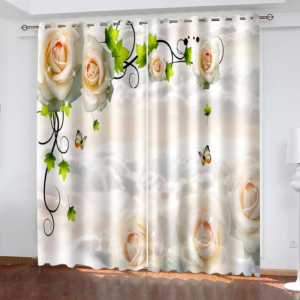 Zasłony tkane z nadrukiem roślinnym, zasłony zaciemniające do sypialni, dwie oddzielne zasłony po lewej i prawej stronie