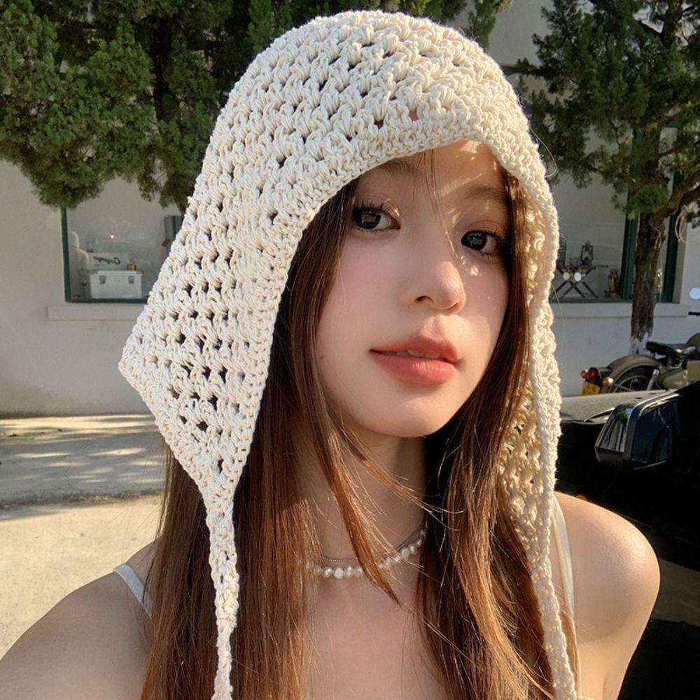 Lace-up Triangular Towel Hollow Beanie Hat Fashion Crochet Hat