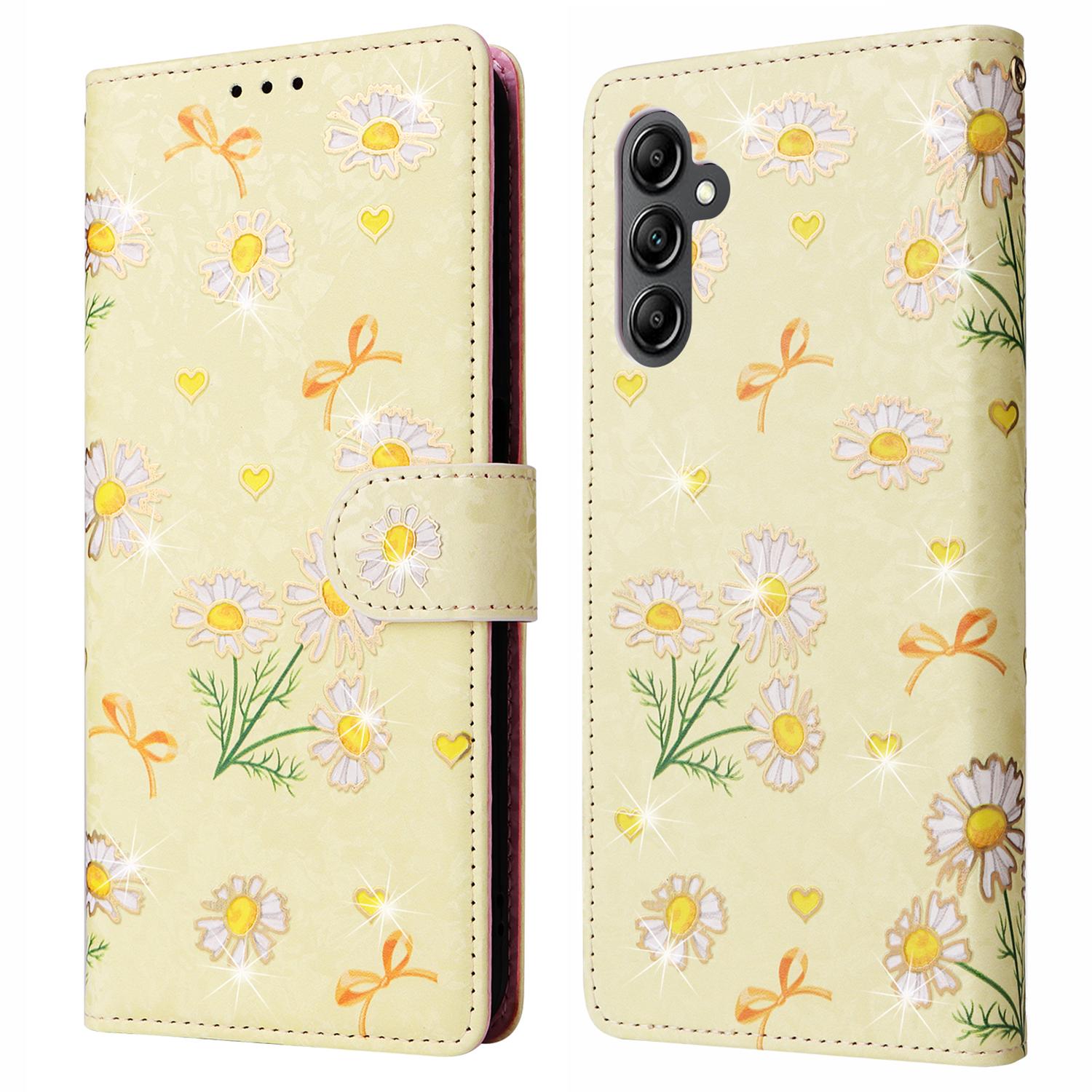 

For Samsung Galaxy A15 4G/5G Leather Case RFID Blocking Flip Folio Lacquered Phone Cover Yellow Daisy