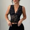 Damskie Seksowne Koronkowe Siatkowe Kamizelki Wiosna Lato Moda Streetwear Damskie Bez Rękawów Dekolt V Podkoszulki Kwiatowy Wzór Damska Dopasowana Koszulka