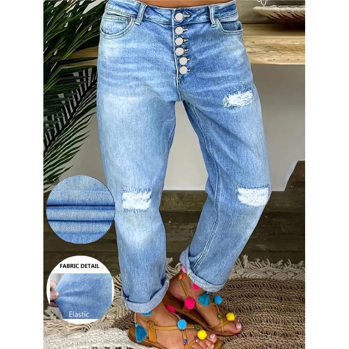 Women s Plus-Size High-Waist Multi-Button Ripped Stretch Jeans 5XL