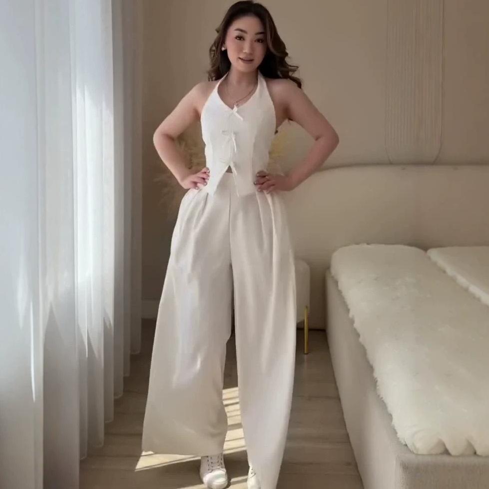 Cross-border Amazon Spring and Autumn New Women's Sleeveless Neck Tank Top Casual Wide Leg Pants Set
