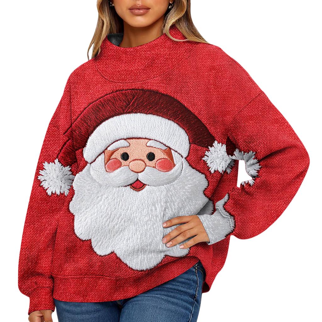 Ladies' Fashionable Christmas Printed Long Sleeved High Neck Sweatshirt Top