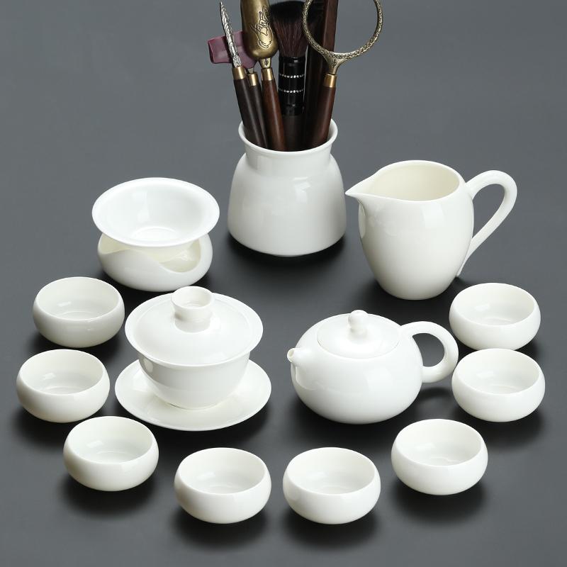 Goat Jade White Porcelain Kung Fu Tea Set Home Brewing Teapot Covered Bowl Chinese Light Luxury Brewing Tea Cup Office Guests