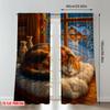 2pcs 2D flat printing Christmas Curtains Cozy Cat Winter Cabin Digital Printed Polyester Drapes Party Decorations for Bedroom