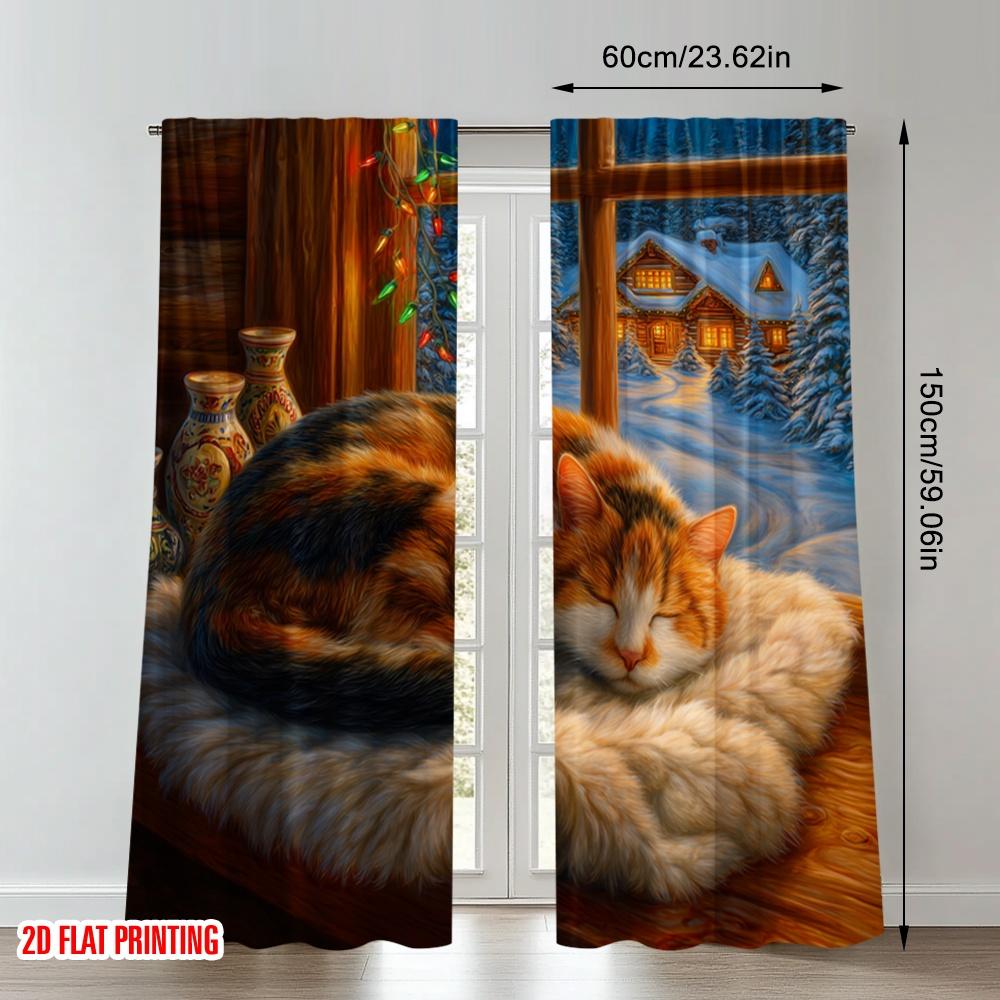 2pcs 2D flat printing Christmas Curtains Cozy Cat Winter Cabin Digital Printed Polyester Drapes Party Decorations for Bedroom