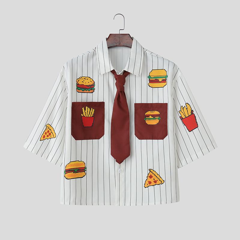 INCERUN Men Tie Lapel Neck Short Sleeve Button Down Cartoon Print Casual Cropped Shirts