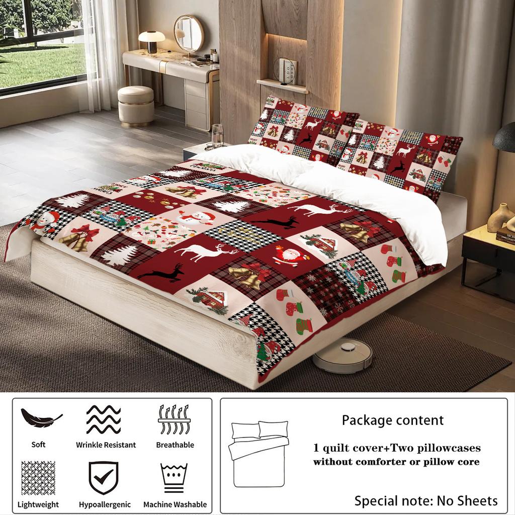 3-teiliges Bettwäscheset mit fröhlichem Weihnachtsmotiv, Muster mit Weihnachtsbäumen und Hirschen, 1*Bettbezug+2*Kissenbezug, ein Weihnachtsgeschenk
