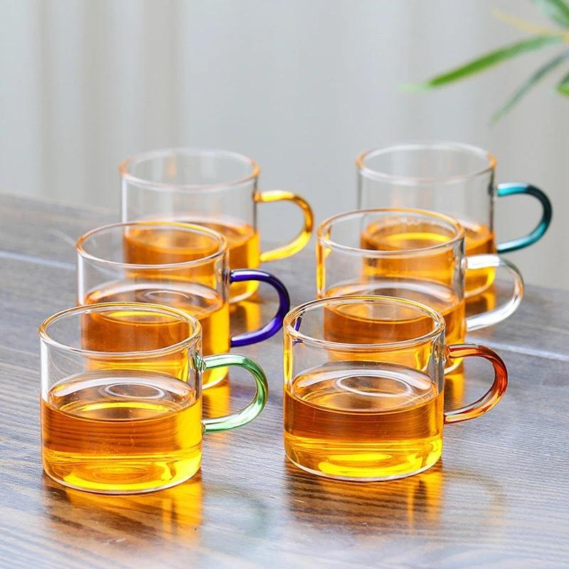 6er Set 100ml Espresso Kaffeetassen Mini Klar Borosilikatglas Teetassen mit Henkeln für Cappuccino Tee Kleine Kung Fu Tassen