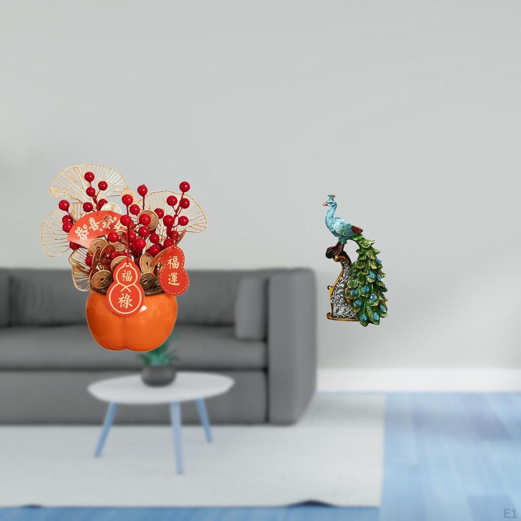 Elegant Peacock Flower Bonsai Artificial Potted Statue for Chinese Year Spring Festival Home