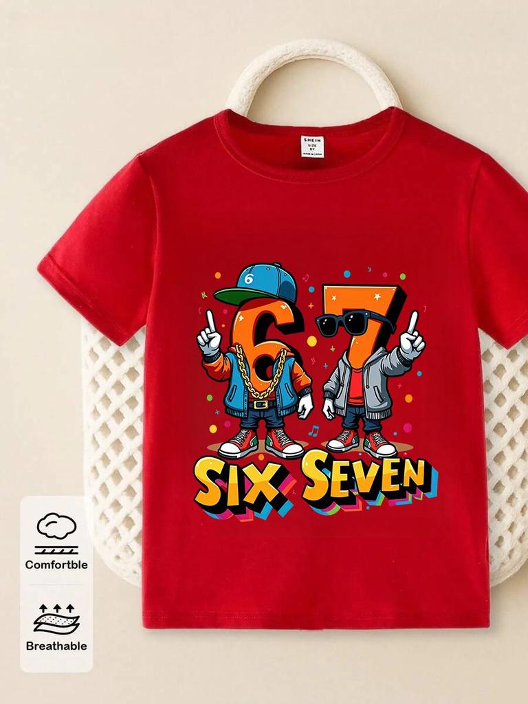 Six Seven 67 Funny Italian Brainrot Childrens Short Sleeve Tee Summer Casual Hot Crewneck Cute Cartoon Age 3-14