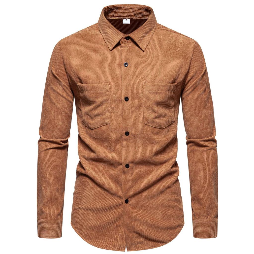 Men's Retro Solid Color Shirts Long Sleeve Shirt Jacket Casual Business Shirt for Men Lightweight Work Corduroy Lapel Shirts
