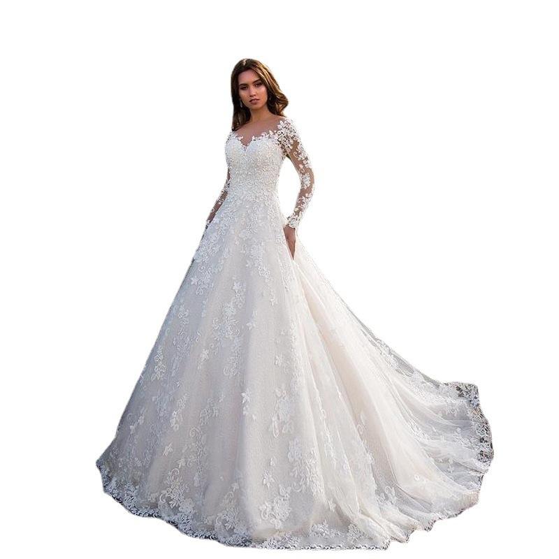 Spring, Autumn, Autumn and Winter New European and American Women's Clothing Long Sleeve Shoulder Bridal Wedding Dress Dress Sexy