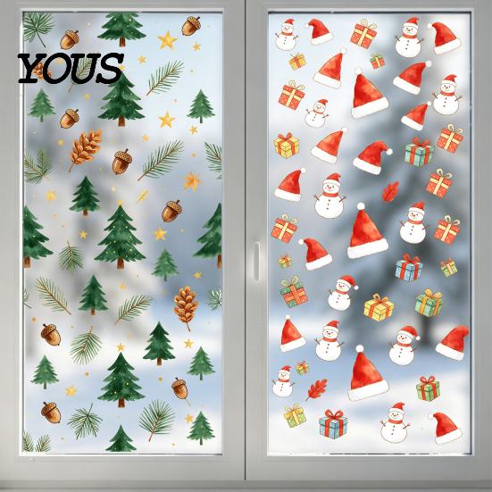 No Residue Window Cling Christmas Static Cling, Xmas Tree Snowman Santa Hat Bell Glass Sticker, Removable Reusable Decoration Decal for Holiday Party