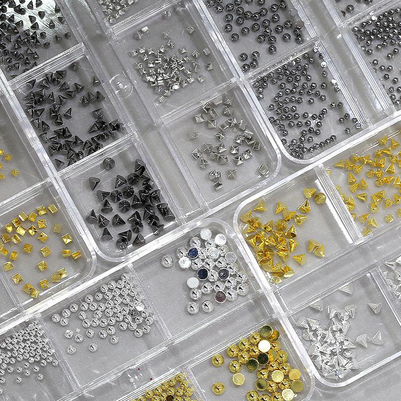 6 Grids Punk Nail Rivets Silver Gold Black Mixed Size Metal Bead Studs Round Cone Nail Art Charms Nail Parts Diy Decoration