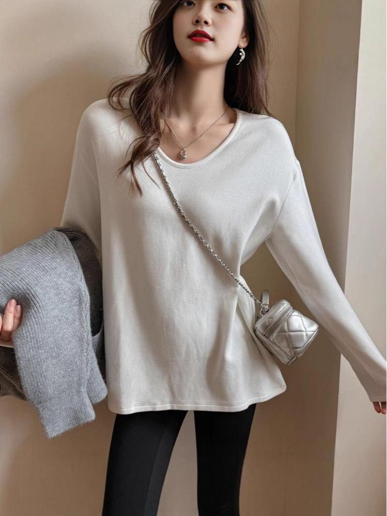 Plus Size Women's V-Neck Long-Sleeve Warm T-Shirt - Autumn/Winter Slimming Base Layer Top