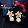 Zircons Noble White Gold Color Dangle Drop Pearl Cubic Zirconia Lovely Geometric Flower Earrings For Women Chic Jewelry