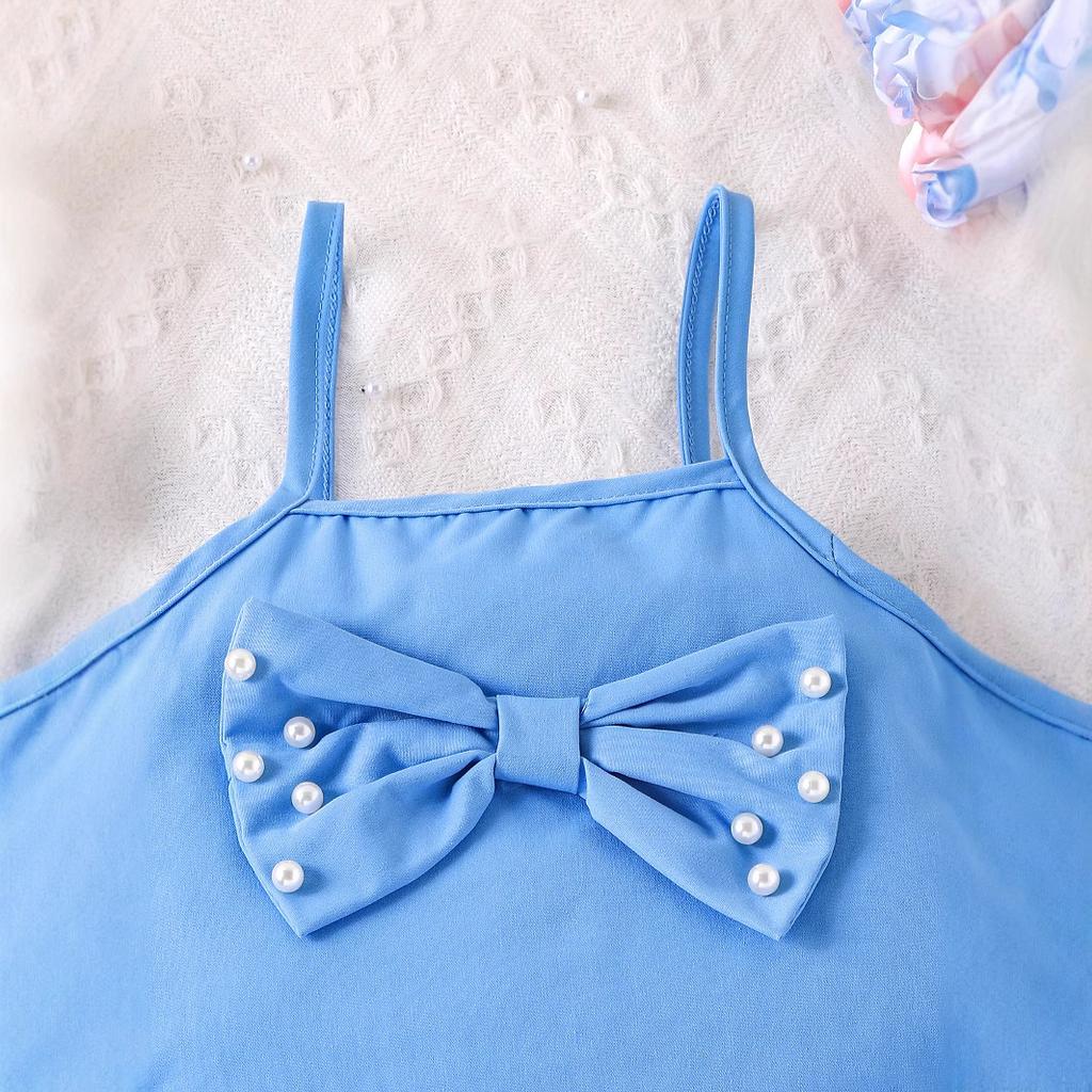 Girls' Sweet Set Summer Children's Fashion Bow Halter Top + Lace Beaded Shorts Set