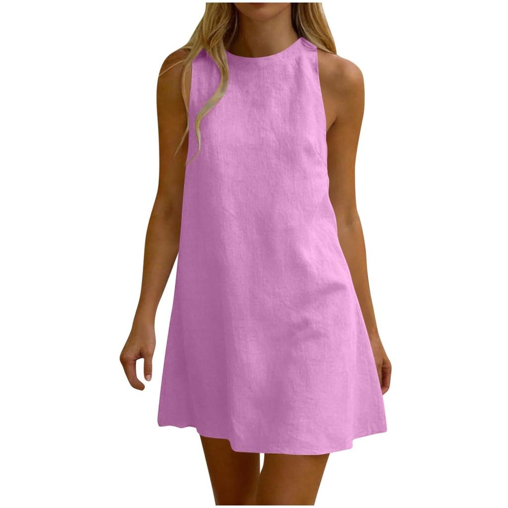 Sleeveless Pleated Dress Round Neck Short Dress Casual Vacation Dress Lightweight Summer Dress for Women