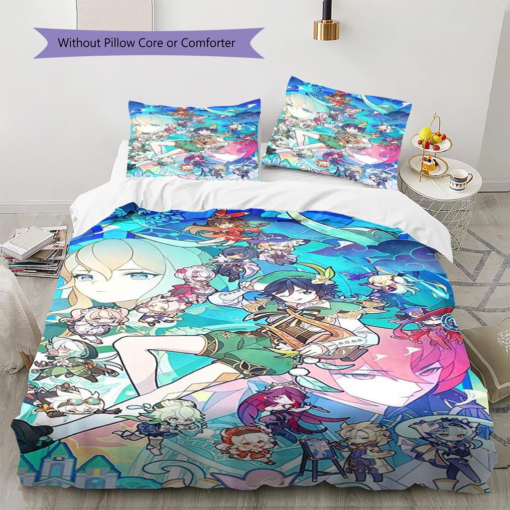 Genshin Impact Pattern Bedding Set Quilt Cover Pillowcase Home Decor Gift (1 * Duvet Cover + 2 * Pillowcase, Without Core)