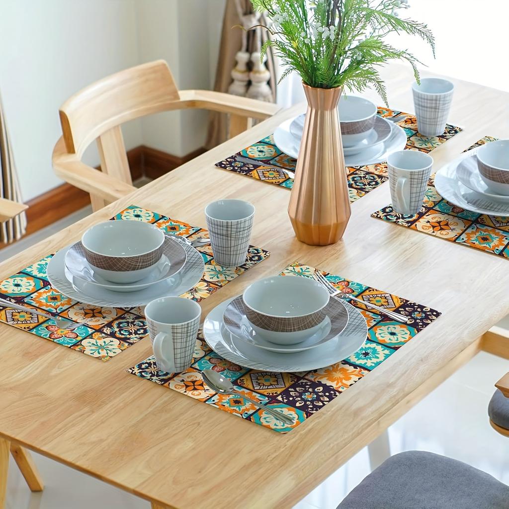 Boho Floral Placemats Set of 4, Retro Flower Geometric Place Mat Bohemian Floral Cloth Tablemats Non-Slip Washable Tabletop Mat 12x18 Inch for Indoor