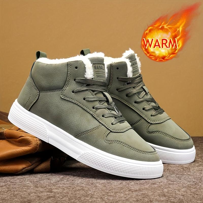 Order A Size Up Men's Winter Snow Boots with -Like - Olive Green PU Upper, MD Traction Sole & Lace-Up Closure - Short Ankle-High Cold Weather Shoes