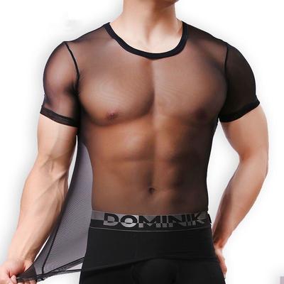 Men's Sheer Sexy Clothes Summer New Round Neck Breathable Tops  American Style Thin Style T-shirt