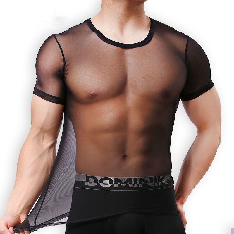 

Мужская прозрачная сексуальная одежда Лето Новые дышащие топы с круглым вырезом Американский стиль Тонкая футболка M чёрный