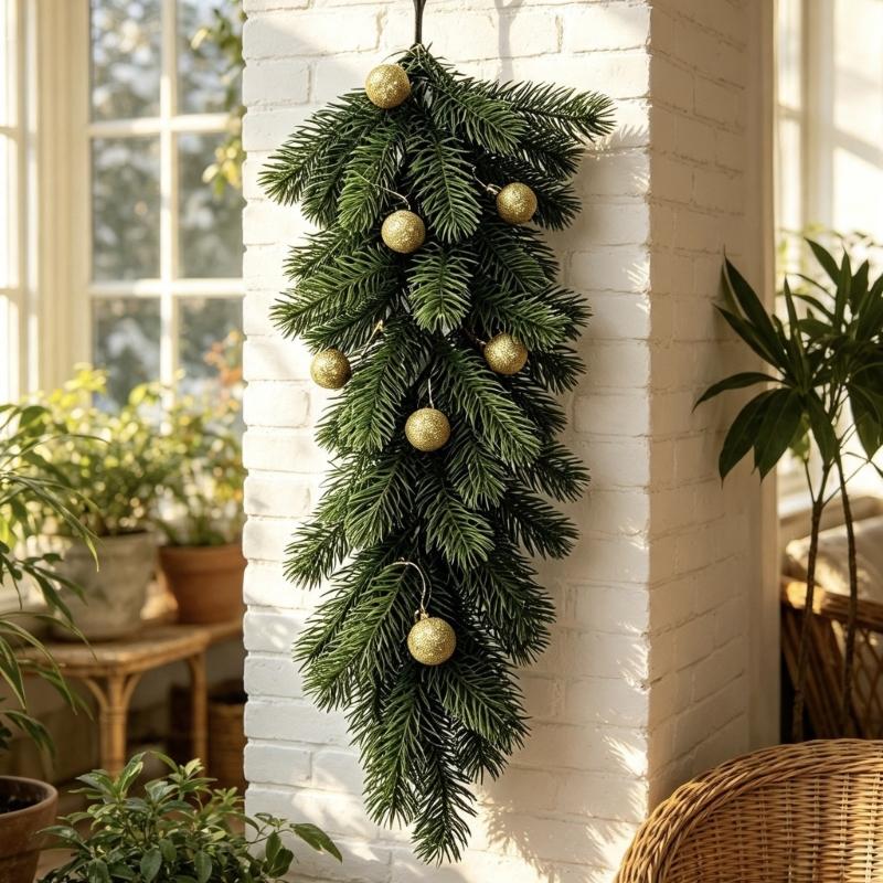 Weihnachts-Kiefernzweig zum Aufhängen, Künstlicher 23-Zoll-Dekorationsakzent mit oberer Schlaufe für Hauswand, Eingang und Fenster