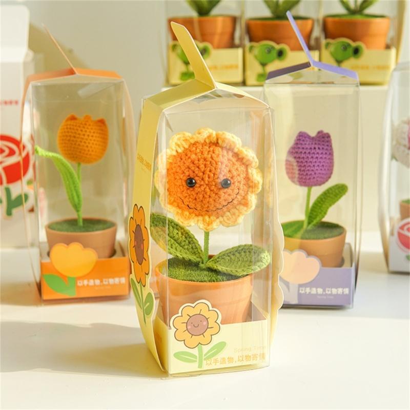 Crochet Woven Flowers Potted Plant Ornament Playful Touch Long Lasting Display for Gifting Decorating Living Room