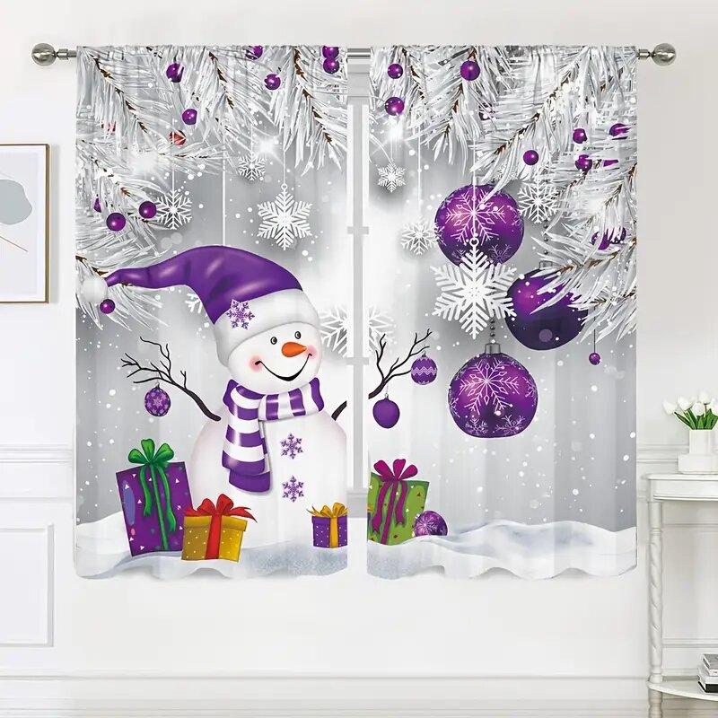 2 Pieces - Christmas Curtains: Christmas Snowman with Purple Decorative Printed Curtains, Home Decoration, Room Decoration