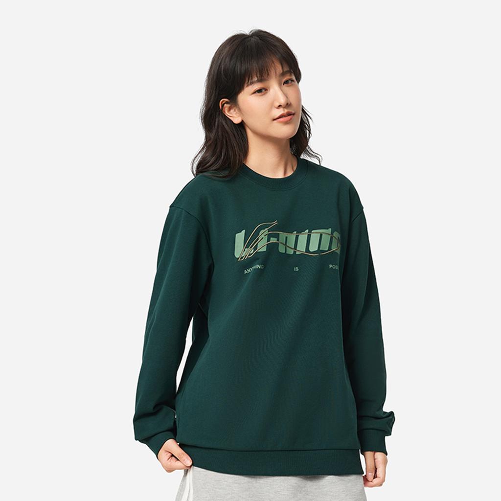 Li Ning Sports Lifestyle Series Round Neck Loose Versatile Comfortable Letter Casual Sweatshirt Unisex sweatshirt Forest-Green AWDVF77-1