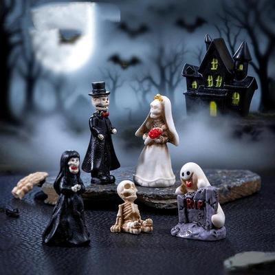 Halloween Miniaturfigur Knochenschädel Sarg Haus Stuhl Halloween Mini Harz Cartoon Gruselige Geisterstatue Party Dekorationen