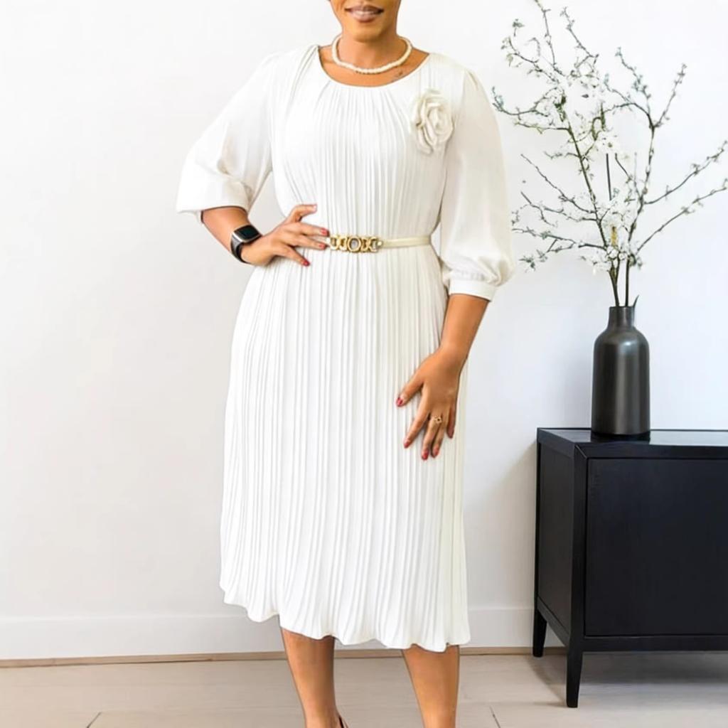 Women's new summer seven-quarter sleeve round neck solid color fashionable simple waist medium and long dress