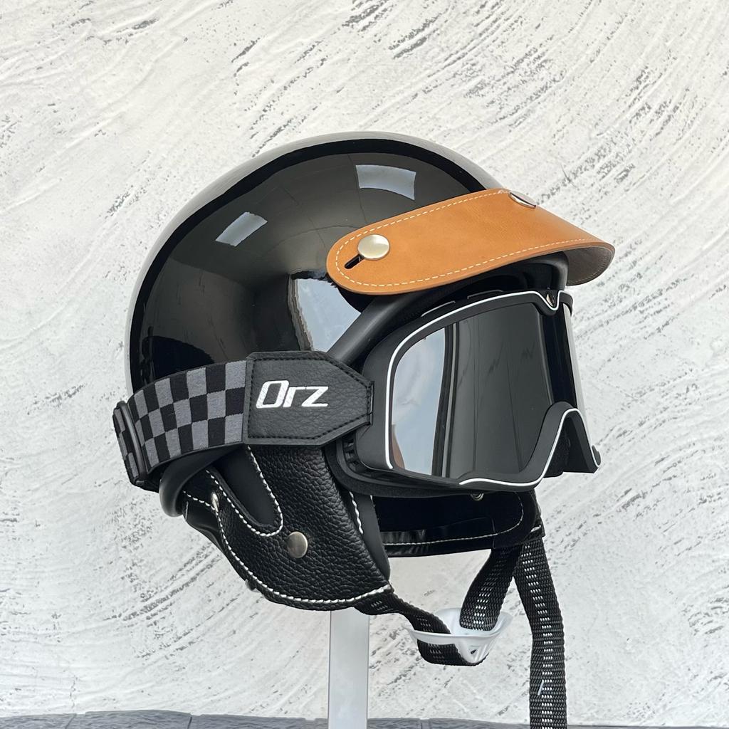 ORZ-Vintage 3/4 Scooter Helmet with Goggles Kit Windproof Anti UV Open Face Motorbike Helmet Unisex Street Riding Protection