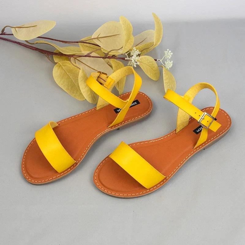 Fashion Women Flat Sandals 2025 Buckle Woman Summer  Shoes Retro Solid Round Toe Comfort Casual Beach Footwear Red Yellow Large Size