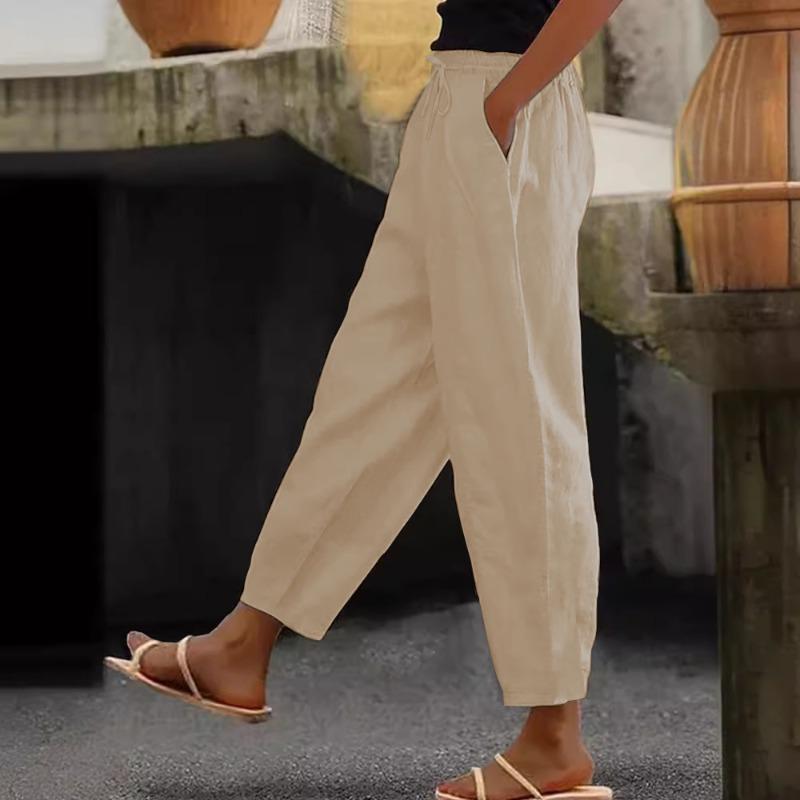 

Spring Autumn Women s Pants Cotton Linen Solid Color Fashion Daily Side Pocket Elastic Casual Pants Women s Pants S хаки